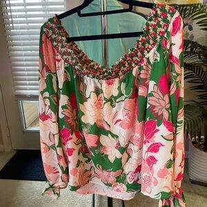 Floral Green and Pink Women's Off The Shoulder Top
